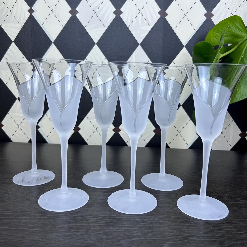 Vintage Sasaki Hana Flutes Frosted Floral Stem Champagne Glasses Set 6 Celestial - Picture 16 of 17